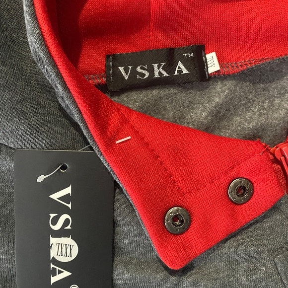 VSKA Two-Tone Asymmetrical Strap Pullover Hoodie (Size:XXXL, Color:Gray/Red) - Picture 3 of 3